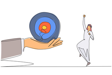 Poster - single one line drawing arab businessman was excited to get the arrow target board from a giant hand
