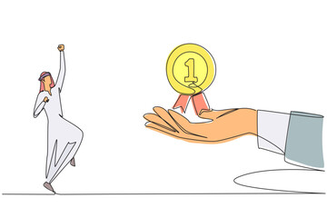 Poster - Continuous one line drawing Arabian businessman was happy to get reward medal from giant hand. The most important gift in a career. Recognition of success. Single line draw design vector illustration