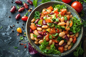 Wall Mural - Vegan Kidney Bean Salad with Fresh Vegetables and Green Garnish - Healthy Summer Recipe for Posters, Cards, Print Design