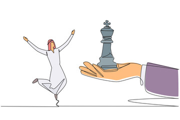 Poster - Single continuous line drawing young Arabian businessman excited to get king's chess piece from giant hand. Get support from a team of experts. Business progress. One line design vector illustration