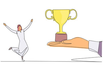 Poster - Single one line drawing young Arabian businessman happy to get the trophy from the giant hand. Received a prestigious award. Pride. Expand company. Success. Continuous line design graphic illustration