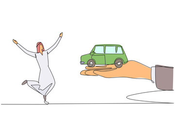 Poster - Continuous one line drawing Arabian businessman excited to get miniature car from giant hand. Successful entrepreneur. Very rich. Get a luxury car for free. Single line draw design vector illustration