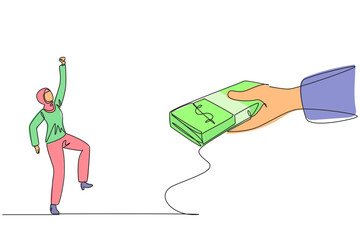 Poster - Single continuous line drawing Arabian businesswoman excited to get a stack of banknotes from giant hand. Symbol of success. Lots of bonuses. Money is plentiful. One line design vector illustration