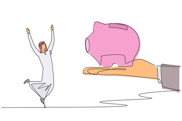 Poster - Continuous one line drawing Arab businessman happy to get a piggy bank from giant hand. Board of directors trust. Turning investments into amazing profits. Single line draw design vector illustration