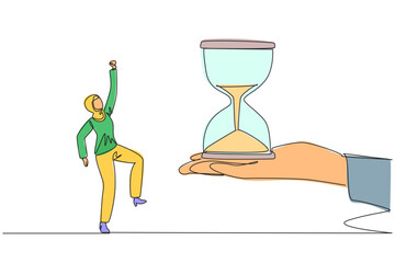 Poster - Single one line drawing Arabian businesswoman excited to get the hourglass from the giant hand. Challenge. Completed a lot of work before the deadline. Continuous line design graphic illustration