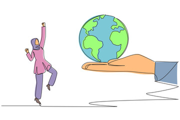 Poster - single one line drawing arabian businesswoman is excited to get the globe from giant hand. good news
