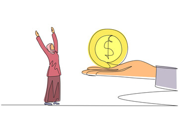 Poster - continuous one line drawing arabian businesswoman is excited to get dollar symbol coin from a giant 