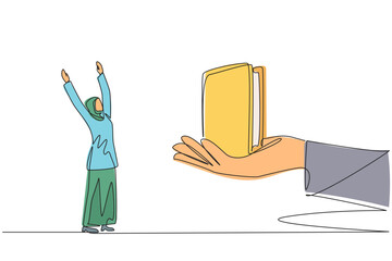 Poster - single continuous line drawing arab businesswoman excited to get a wallet from the giant hand. busin