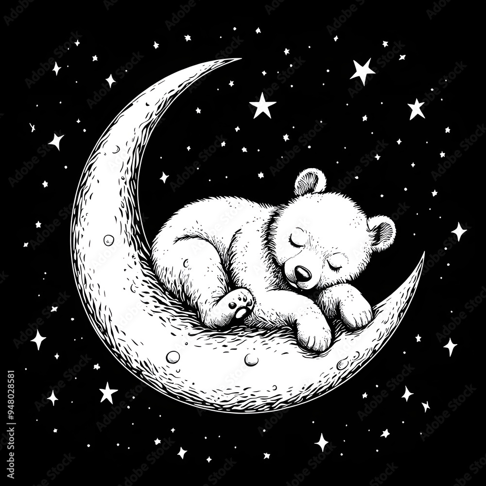 Bear cub sweetly sleeping on a crescent moon. A fairy tale character ...