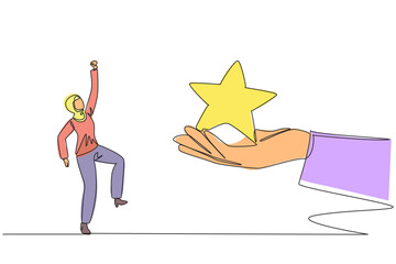 Poster - single one line drawing arabian businesswoman happy to get a star from the giant hand. star award. b