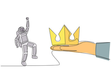 Poster - Continuous one line drawing astronaut happy to get the crown from a giant hand. Success symbol. Luxury. The space mission is complete. Cosmonaut deep space. Single line draw design vector illustration