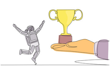 Poster - single continuous line drawing young astronaut happy to get the trophy from the giant hand. competit