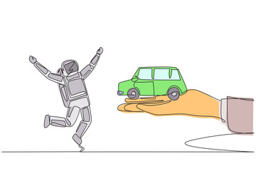Poster - Continuous one line drawing astronaut excited to get miniature car from giant hand. Vehicle. Ease of accommodation. Right of ownership. Reward. Cosmonaut. Single line draw design vector illustration