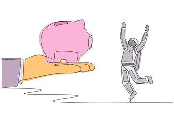 Poster - single continuous line drawing young astronaut happy to get a piggy bank from giant hand. savings. i