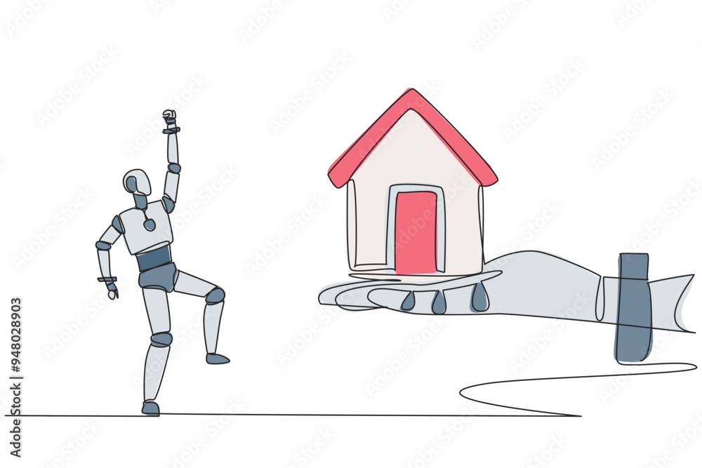 Single continuous line drawing a robot excited to get a miniature house ...