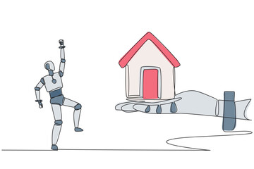 Poster - Single continuous line drawing a robot excited to get a miniature house from giant hand. The best technology production house. Future artificial intelligence. One line design vector illustration