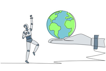 Poster - single continuous line drawing a smart robot is excited to get the globe from giant hand. disseminat