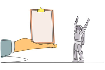 Poster - Continuous one line drawing the astronaut was excited to get the clipboard from a giant hand. Making checklists. Manual expedition recording. Cosmonaut. Single line draw design vector illustration