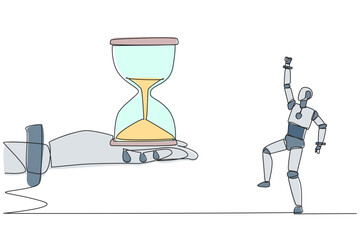 Poster - continuous one line drawing a robot excited to get the hourglass from the giant hand. no time limit.