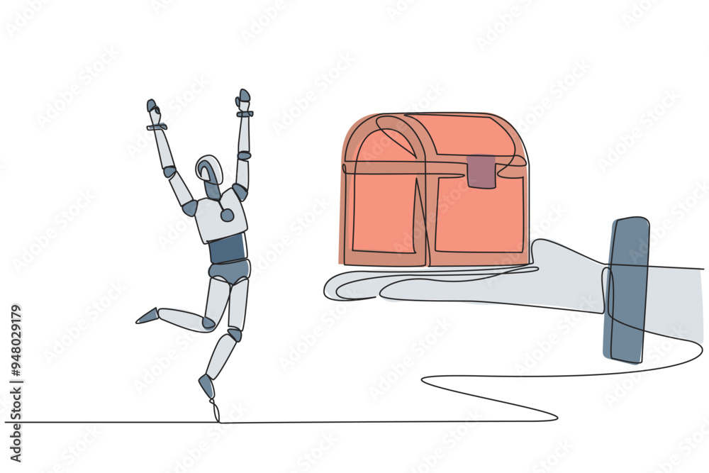 Continuous one line drawing robot was excited to get the treasure chest ...