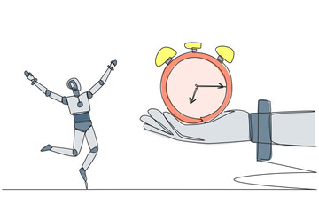 Poster - single one line drawing a robot excited to get alarm clock from the giant hand. multitasking robot. 