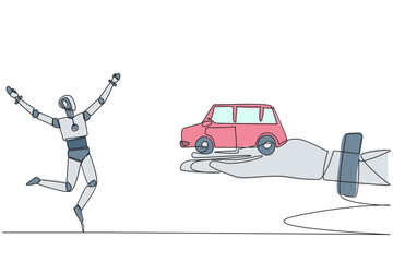 Poster - single continuous line drawing a robot excited to get miniature car from giant hand. duplicating art