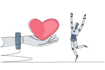 Poster - Continuous one line drawing a robot happy to get love from the giant hand. Sympathy. Awe of the amazing artificial intelligence. Future technology concept. Single line draw design vector illustration