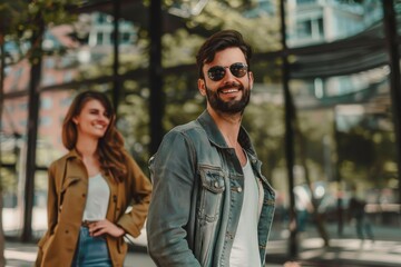 Poster - portait of smiling businessman and casual businesswoman outdoors