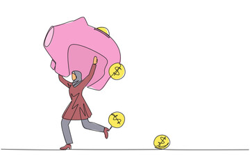 Poster - single one line drawing arab businesswoman running lifting big piggy bank on shoulders. dollar symbo