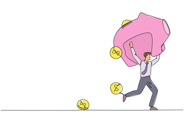 Poster - continuous one line drawing businessman running lifting piggy bank on shoulders. dollar symbol coin 