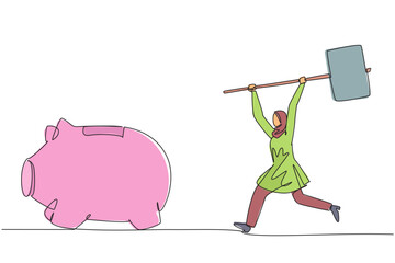 Poster - single one line drawing arab businesswoman holding big hammer chasing big running piggy bank. need m