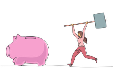 Poster - continuous one line drawing businesswoman holding a big hammer chasing big running piggy bank. looki