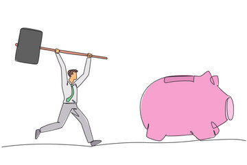 Poster - single continuous line drawing businessman holding a big hammer chasing big running piggy bank. look
