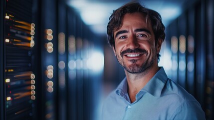 Poster - Smiling IT professional standing confidently in a server room during early evening hours, showcasing modern technology