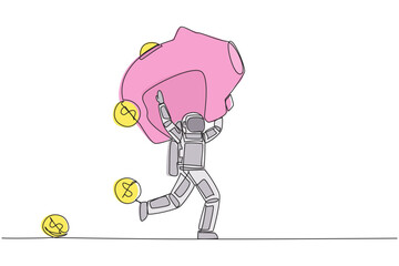 Poster - continuous one line drawing astronaut running lifting piggy bank on shoulders. dollar symbol coin fa