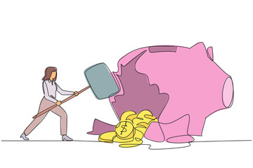 Poster - continuous one line drawing businesswoman hit big piggy bank with big hammer until it cracked. coins