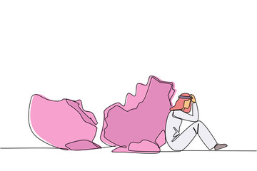 Poster - Continuous one line drawing Arabian businessman sit slump next to a large, destroyed big piggy bank. Lament the fate. No capital at all. No savings left. Single line draw design vector illustration