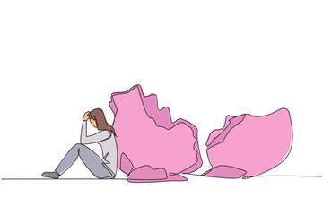 Poster - Continuous one line drawing businesswoman sit slump next to a large, destroyed the big piggy bank. Debt. Unable to pay in installments. Bad financial plan. Single line draw design vector illustration