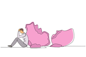 Poster - Single one line drawing businessman sit slump next to a large, destroyed piggy bank. Helpless. Not having a good financial plan. Financial problem. Mistake. Continuous line design graphic illustration