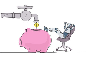 Wall Mural - Single continuous line drawing a robot sit relax on chair to see money faucet flow into savings piggy bank. Profit-making robot. Lot of profit. Future technology. One line design vector illustration