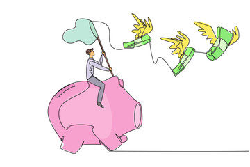 Poster - Continuous one line drawing businessman riding piggy bank catching flying banknotes. Hit by financial crisis. Financial problem. No profit yet. Extra work. Single line draw design vector illustration