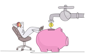 Poster - Single continuous line drawing Arab businessman sit relax on chair to see money faucet flow into savings piggy bank. Financial freedom. Guaranteed finances. Profit. One line design vector illustration
