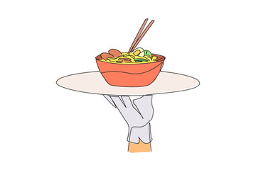 Wall Mural - Continuous one line drawing waiter holding food tray serving noodles. Food with several toppings. Eggs, meat, vegetables. Delicious. Chopsticks. Thai food. Single line draw design vector illustration