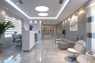 Wall Mural - A spacious clinic reception area with white furniture, sleek lighting, and a modern design