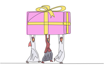 Poster - Single one line drawing group of Arab businessmen and Arab businesswomen work together to carrying a gift box. Work hard together. Get a decent reward. Continuous line design graphic illustration