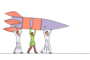 Poster - Single continuous line drawing a group of Arab businessmen and Arab businesswomen work together carrying a rocket. Collaboration makes business successful. Profit. One line design vector illustration