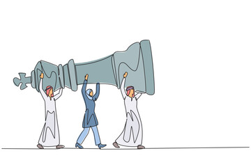 Poster - Continuous one line drawing group of Arab businessmen and Arab businesswomen work together carry the king's chess pieces. Play strategy carefully. Profit. Single line draw design vector illustration