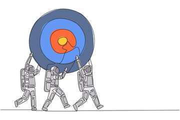 Poster - Continuous one line drawing group of astronauts work together carrying arrow target board. Focus on achieving successful space expedition mission. Spaceman. Single line draw design vector illustration