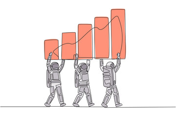 Poster - single continuous line drawing group of astronauts work together carry a graphic chart. shares incre