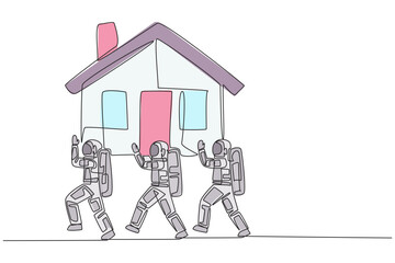Poster - single one line drawing group of astronauts work together carrying a miniature house. investment in 